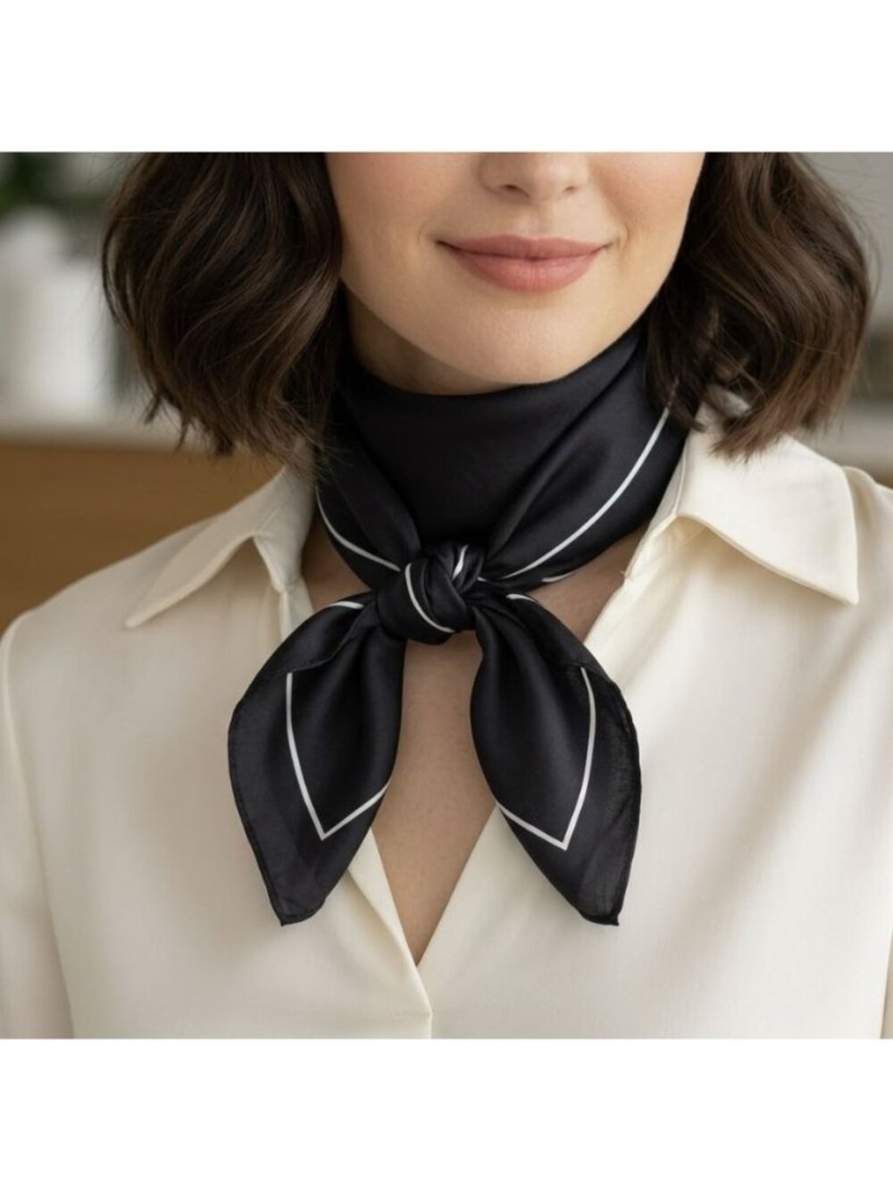 Luxury Elegant Minimalist Soft Silky Square Scarf Black With White Border Hijab